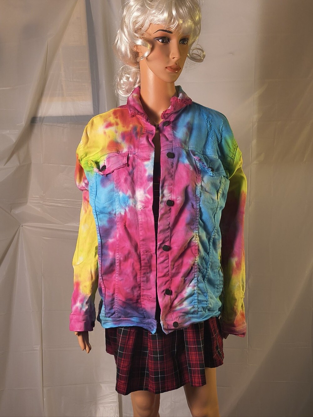 PrettyLittleThing Multicolor Tie-Dye Distressed Denim Jacket Women's 10